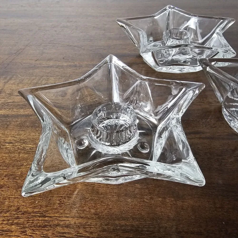 Set of 3 Vintage Clear Glass 5-Point Star Taper Candle Holders Celestial Decor